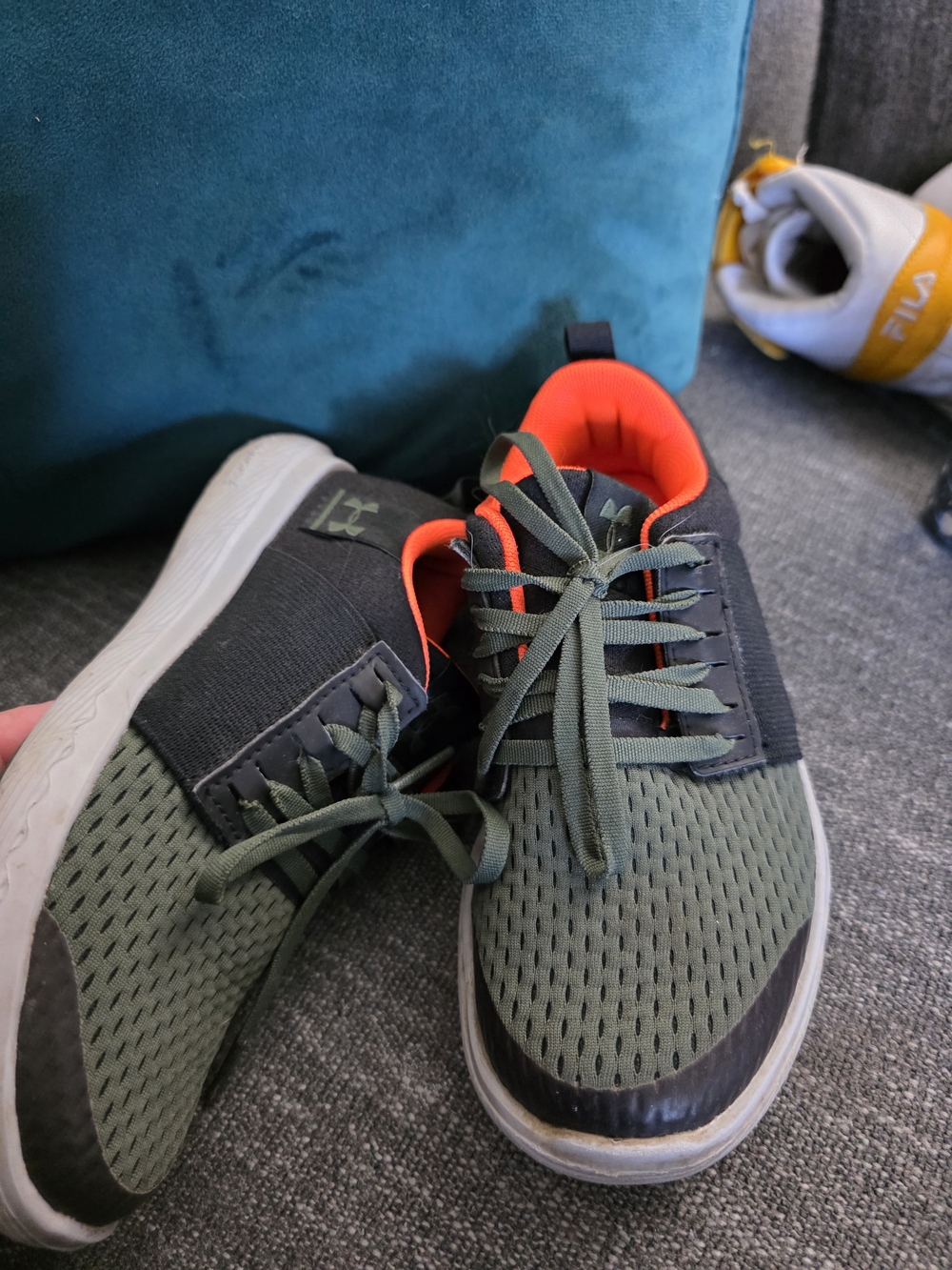 Under Armour Olive Green Kids Athletic Shoes with Orange Accent